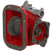 A red and gray gear box with a metal wheel.