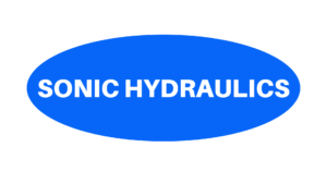 A blue oval with the words sonic hydraulic on it.