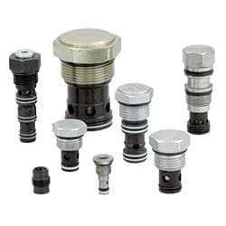 Metal hydraulic valves of various sizes displayed.