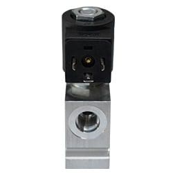 Metallic solenoid valve with black top.