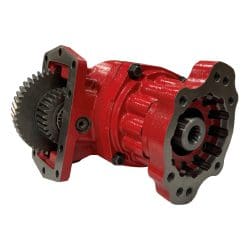 Red mechanical gear component on white background.