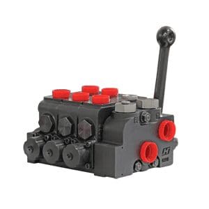 Hydraulic control valve with red caps.