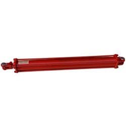 Red hydraulic cylinder on white background.