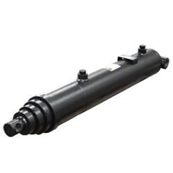 Hydraulic cylinder with black finish and fittings.