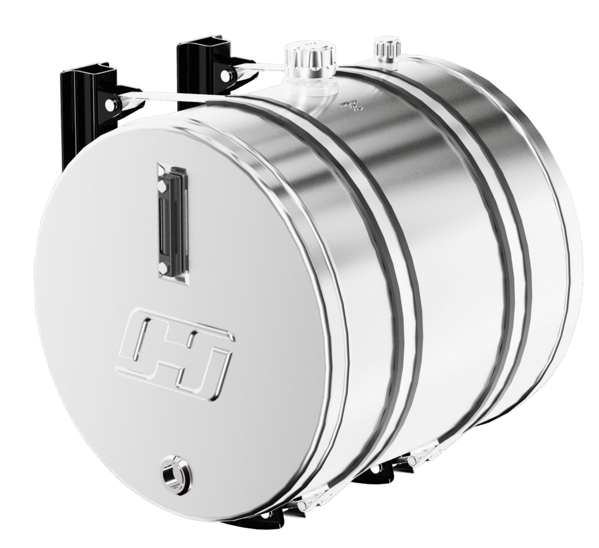 Shiny metallic cylindrical tank with mounting brackets.